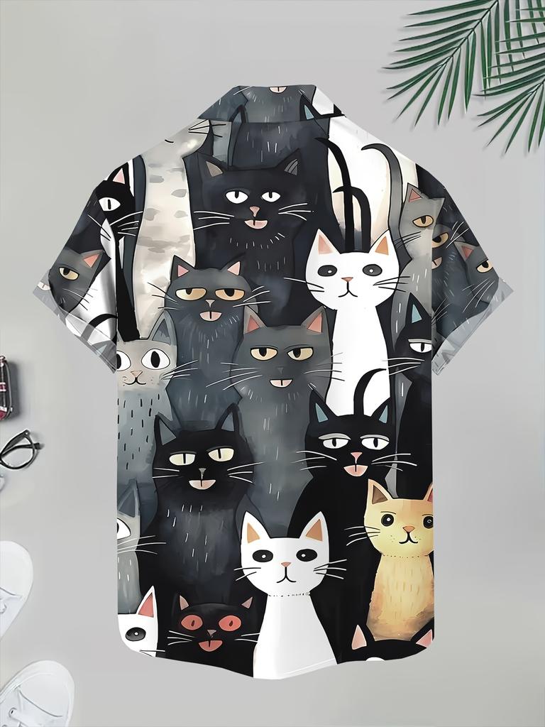 New Men'S Casual 3D Black Base Watercolor Cat Print Shirt