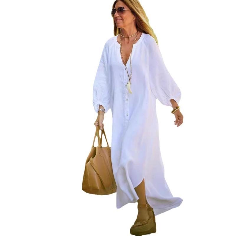 2025 New Spring and Summer Cotton Linen Shirt Fashionable Casual Long-sleeved Cardigan Dress for Women