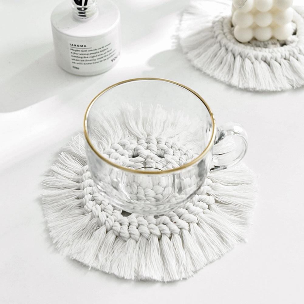 Nordic Style Hand Knitting Cup Coaster With Tassel Heat Insulated Pad Placemat Kitchen UtensilWhite