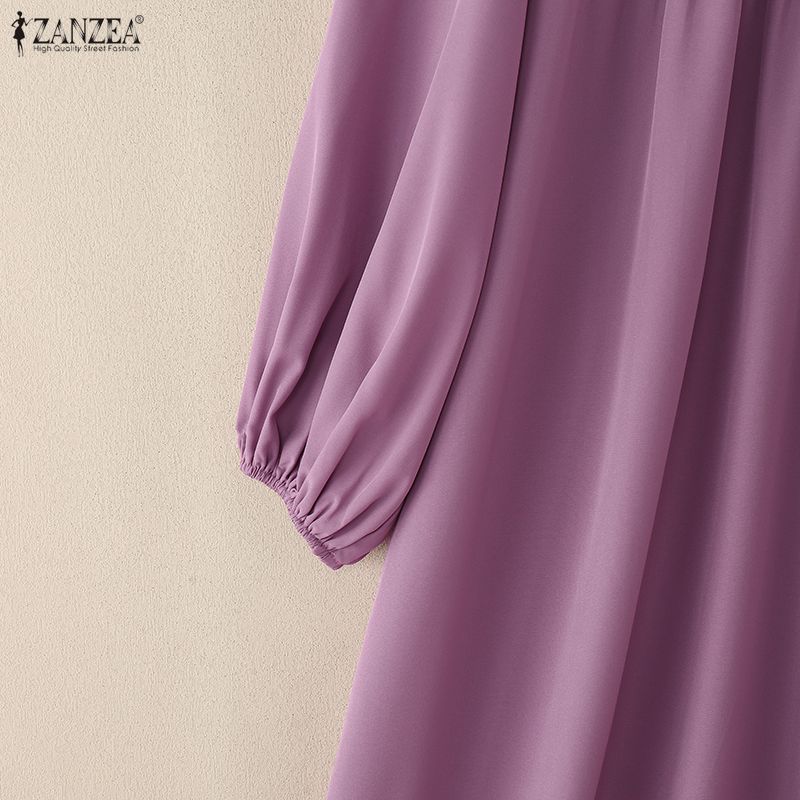 ZANZEA Women Casual Round Neck Solid Color Loose Long Sleeve Dress