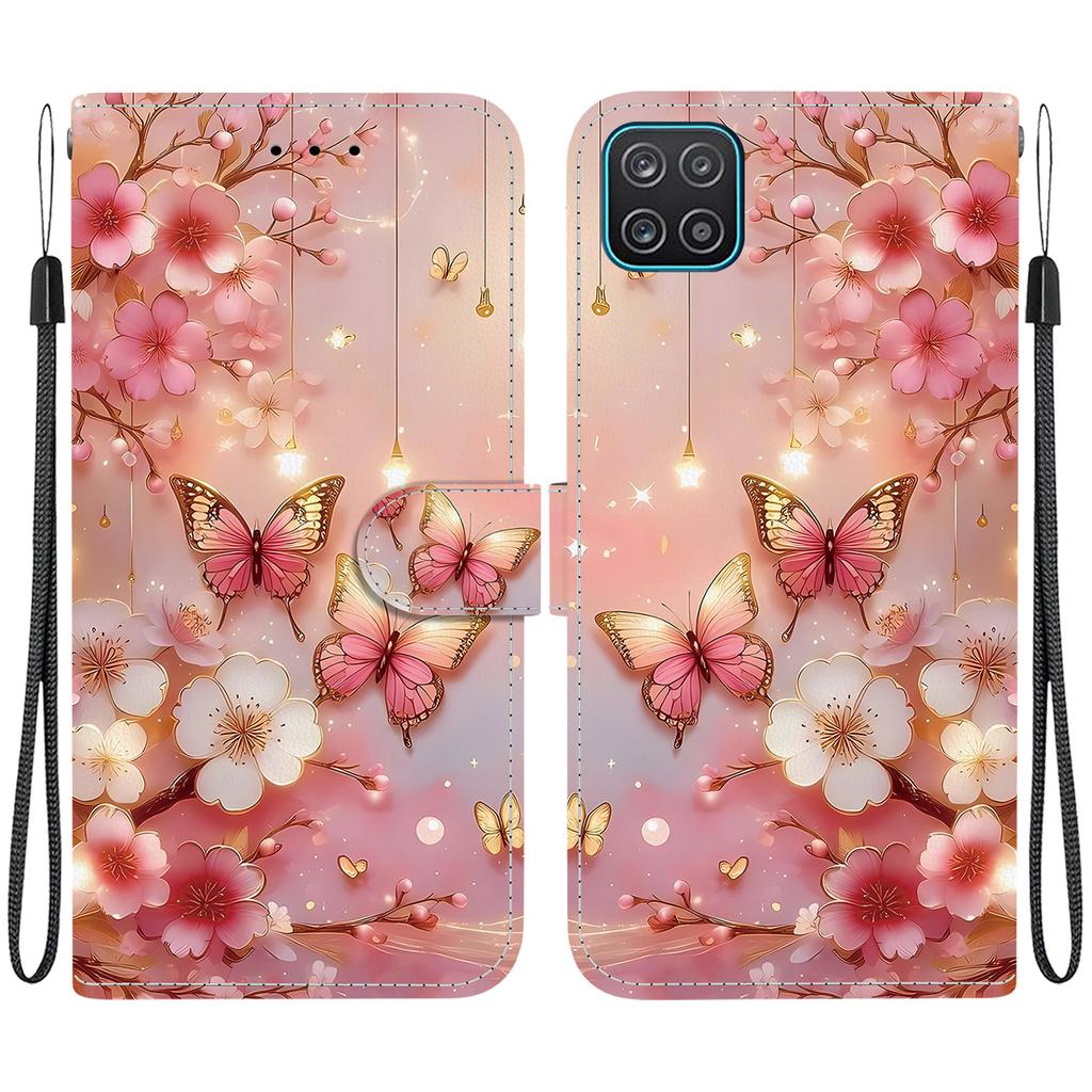Handgefertigte PU-Leder-Flip-Hülle für Samsung Galaxy A12 5G Rutschfeste Stoßfeste Hülle mit Handschlaufe & Herz/Rose Katze Designs