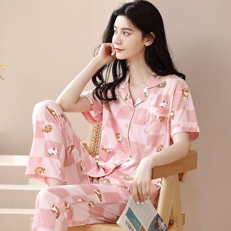 New pajamas women's summer short-sleeved trousers 100% pure cotton thin women's casual lapel mother loungewear set summer