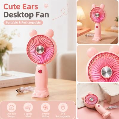 Taşınabilir Şarj Edilebilir Karikatür Kulak Tasarımlı Masaüstü Fanı USB Mini El Tipi Fan Kişisel Serinletme İç Mekan Dış Mekan Kullanımı İçin