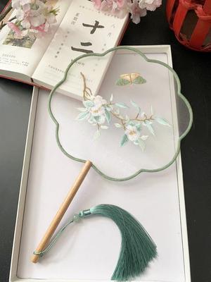 Chinese Traditional Art Embroidery Wooden Hand Fan, Classical, Ancient Dance Costume, Han Fu Cheongsam with Long Handle, Tasse