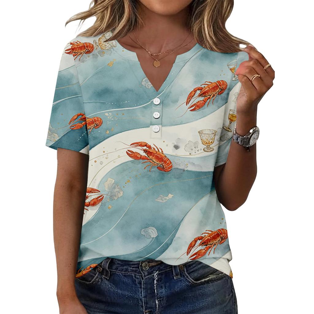 Women Casual V Neck Short Sleeve Button Front T Shirt Lobster Print Lightweight Summer Top