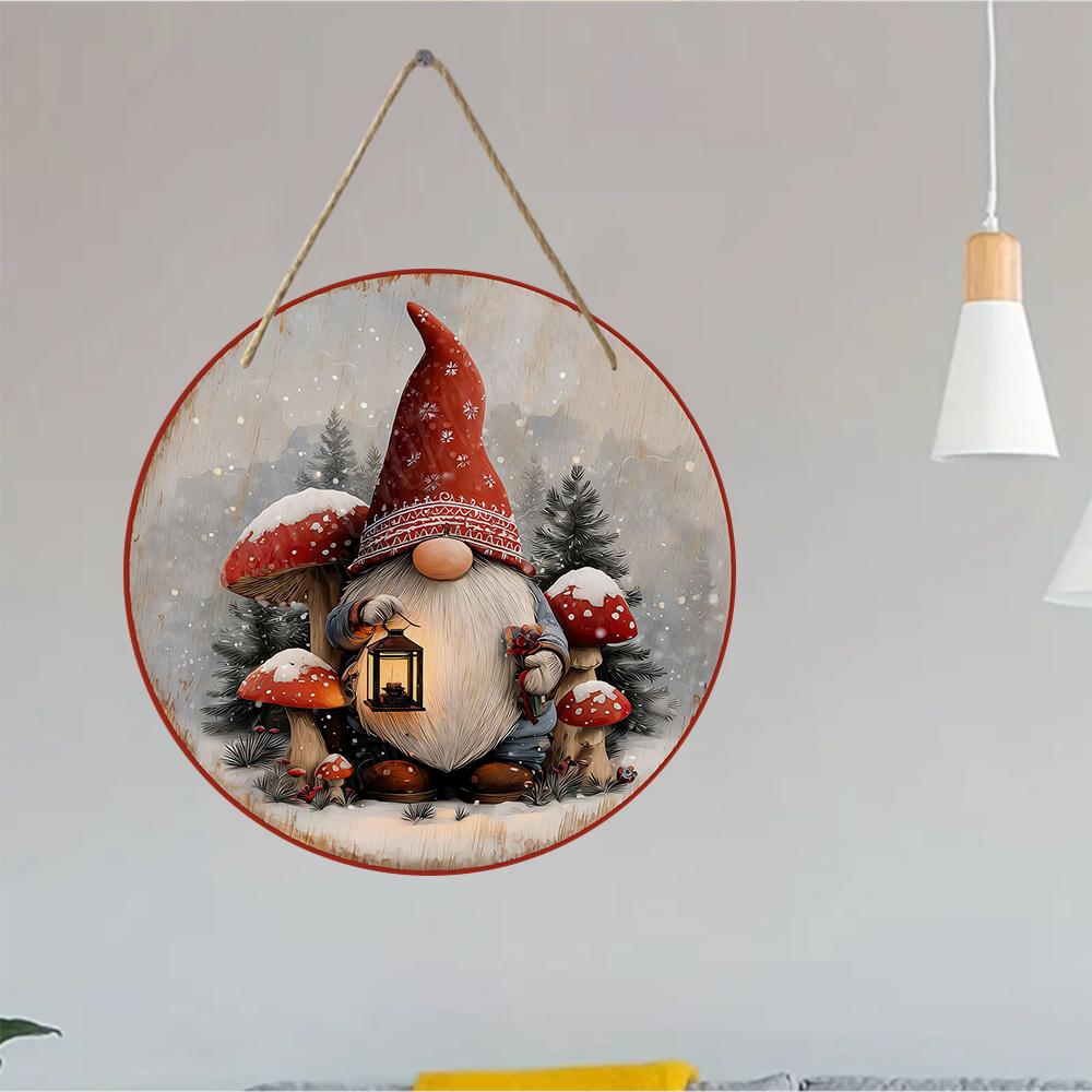 Winter forest gnome with lantern print Round Wooden Hanging Plaque rustic cottagecore wall decor front door sign christmas home holiday ornament