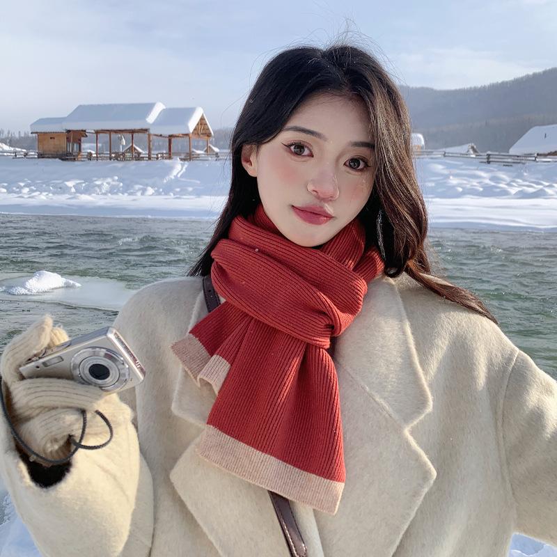 New Style Knitted Wool Long Scarf for Women Solid Color Border Thickened Versatile Winter Warm Neck Scarf