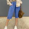 European & American Cotton Linen Casual Pants with Elastic Waist and Pockets, 7/8 Length, Pure Color.