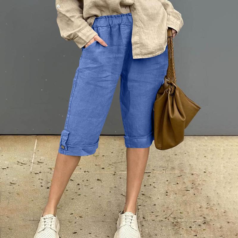 European & American Cotton Linen Casual Pants with Elastic Waist and Pockets, 7/8 Length, Pure Color.