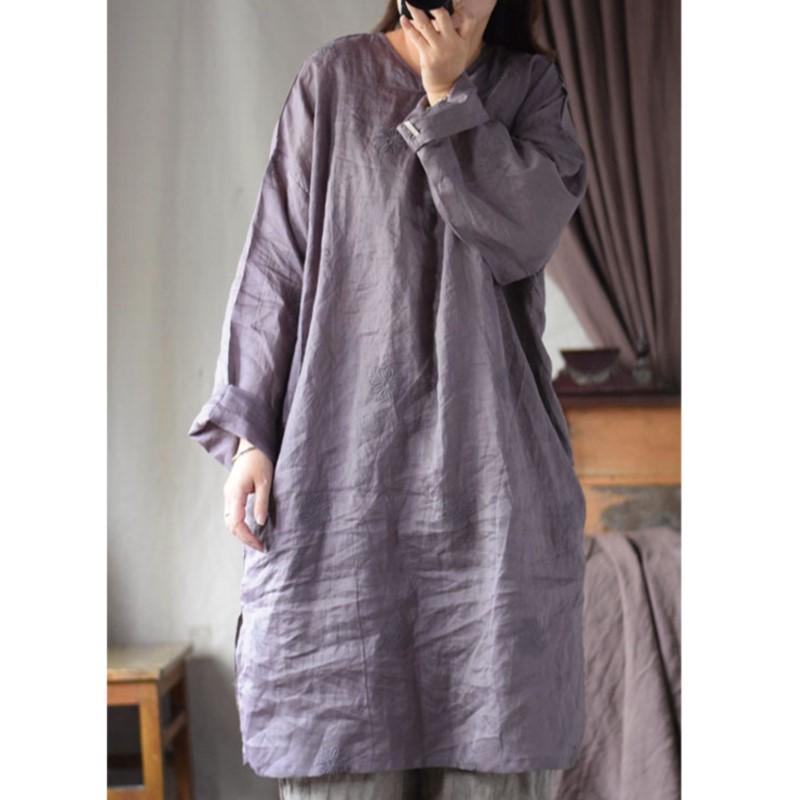 Johnature Women Vintage Jacquard Dress Solid Color O-Neck Long Sleeve Spring Chinese Style High Quality Dress