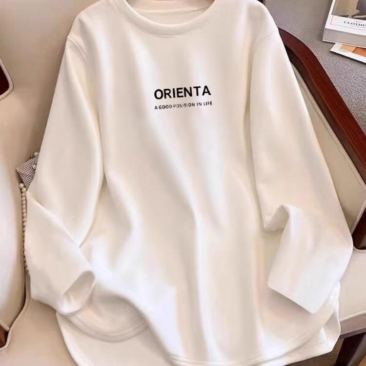 Women's Round Neck Long Sleeve T Shirt Loose Fit Letter Print Mid Length Dralon Base Layer Top Plus Size Korean Casual Inner Wear