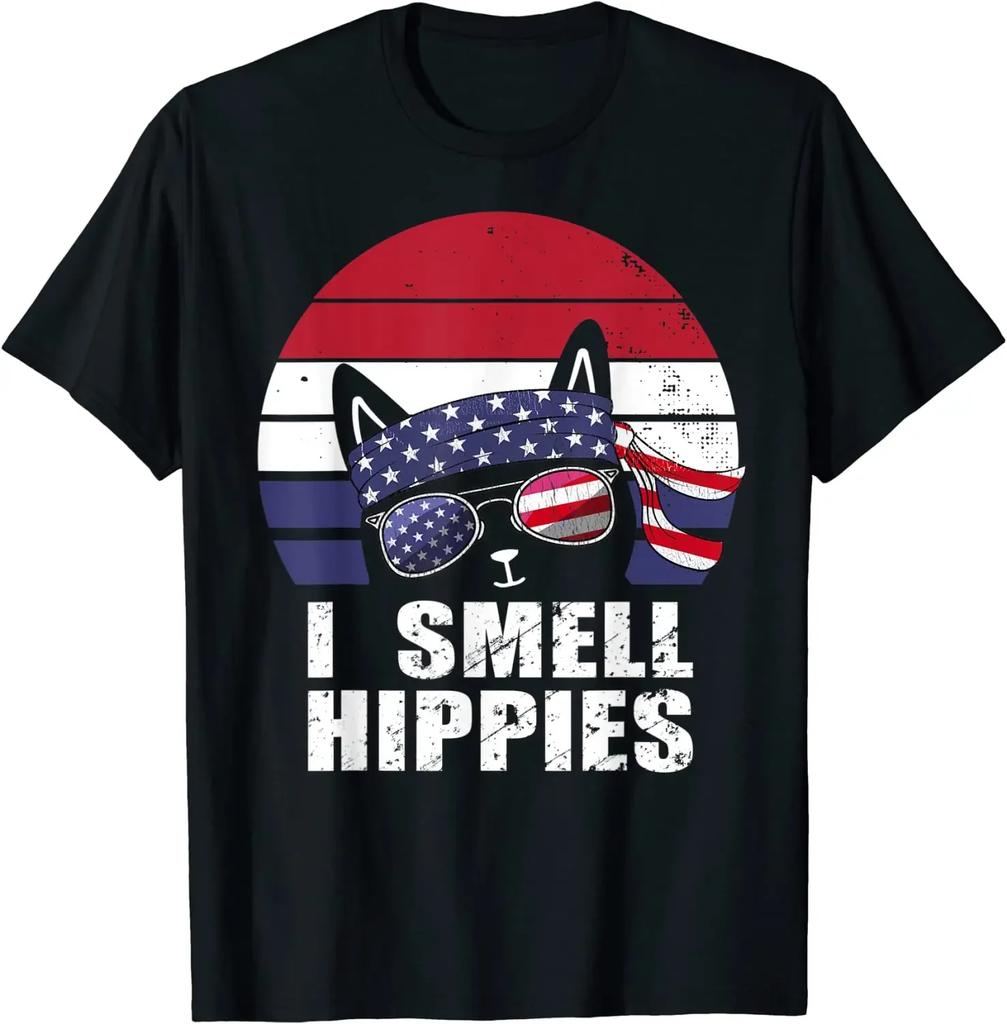 I Smell Hippies American Patriotic Cat Hiphop T-Shirt for Men Women Casual Cotton Daily Four Seasons Tees Graphic T Shirts