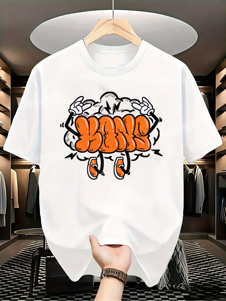 1pc Male Graphic T Shirt Hip Hop Style Graffiti Letter Boss Print Short Sleeve Crew Neck for Teenagers, for Teenager
