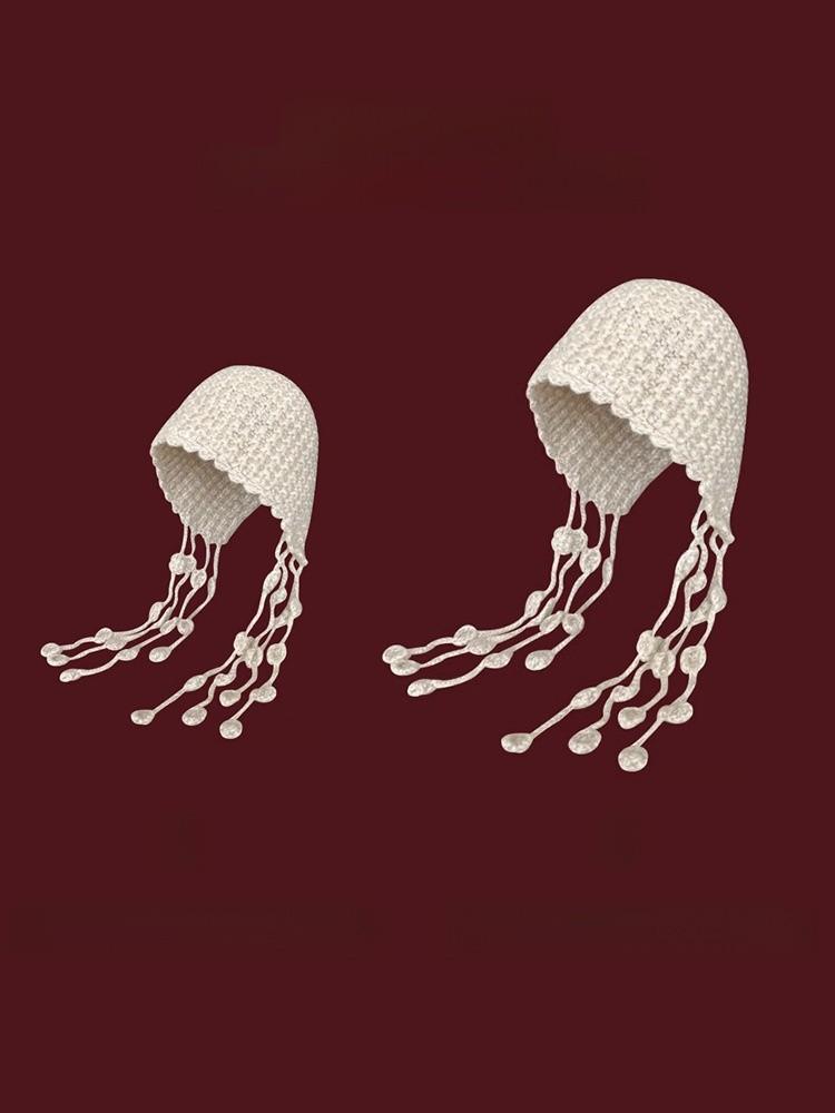 Hanbok Style Handcrafted Cotton Big Head Hat With Openwork Tassels For Summer Beach Wear
