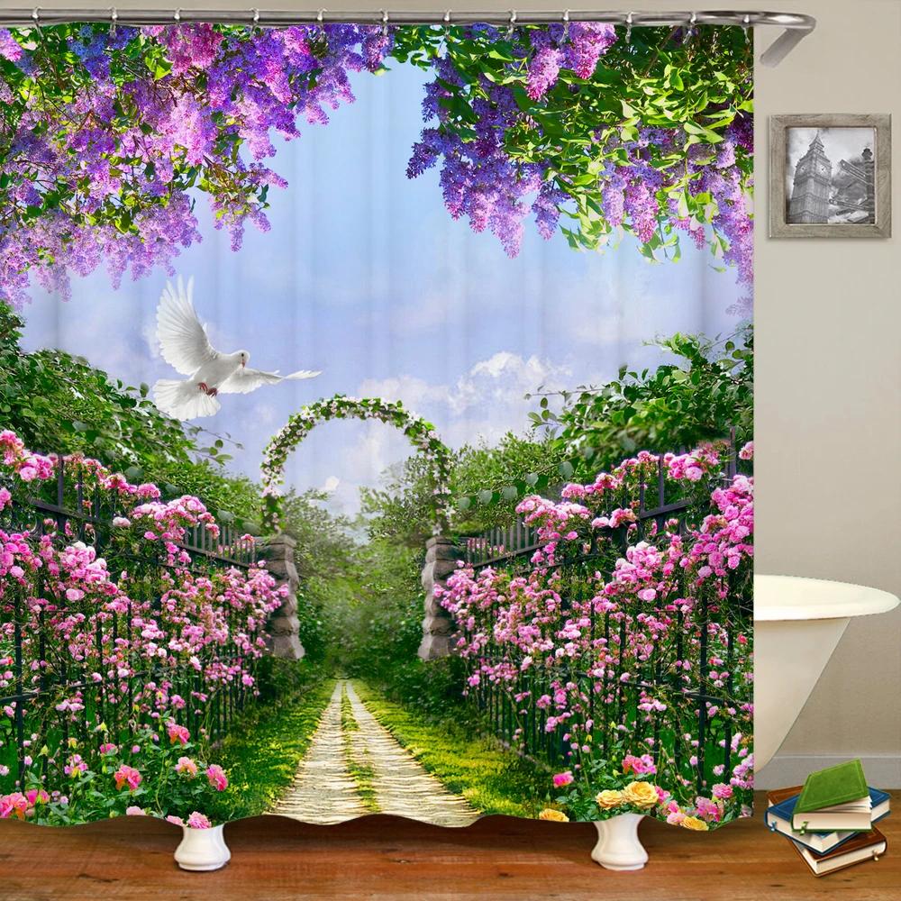 

European Flowers Scenery Garden Shower Curtain, Rustic Nature Landscape Path Arch Decor Bath Curtain for Shower Stall Bathroom W90xH180cm(35x70 in)