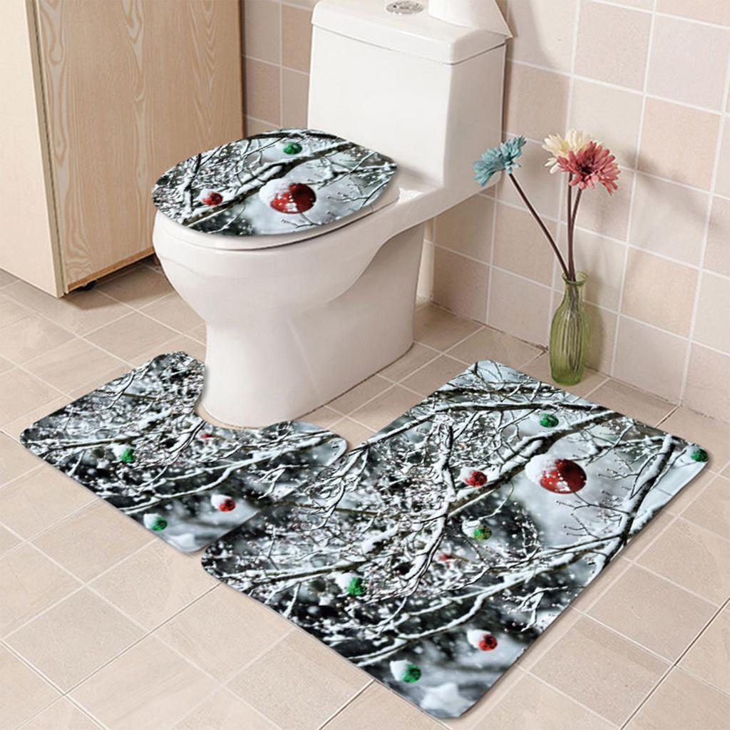 3Pcs Christmas Bathroom Pedestal Rug Lid Toilet Cover Bath Mat Shower Bathroom Non- Pedestal Rug