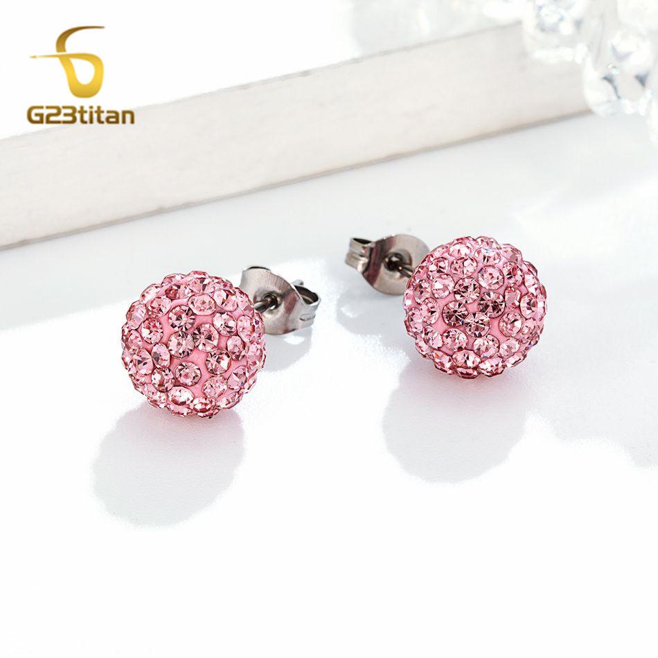 Colors Crystal Bead Polymer Clay Earrings G23 Titanium Ear Stud Micro Pave Rhinestone Disco Ball Hypoallergenic Piercing Zircon