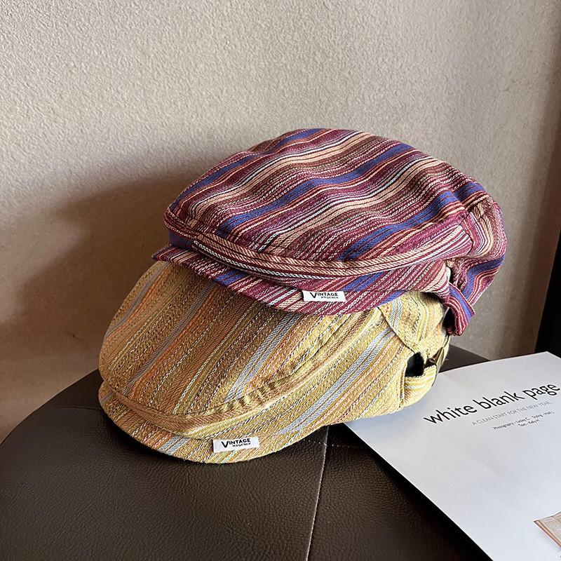 Vintage Striped Cotton Duckbill Cap With Adjustable Fit For Casual Spring Autumn Wear