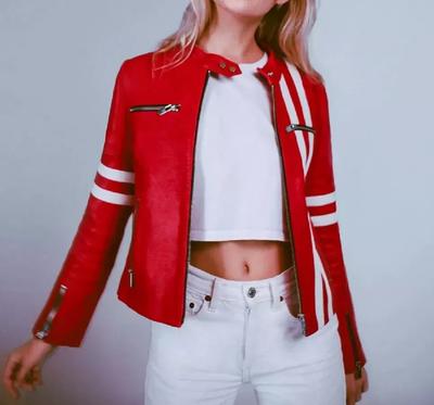 Stylish Biker Motorcycle Women's Red Jacket Genuine Lambskin Leather Handmade