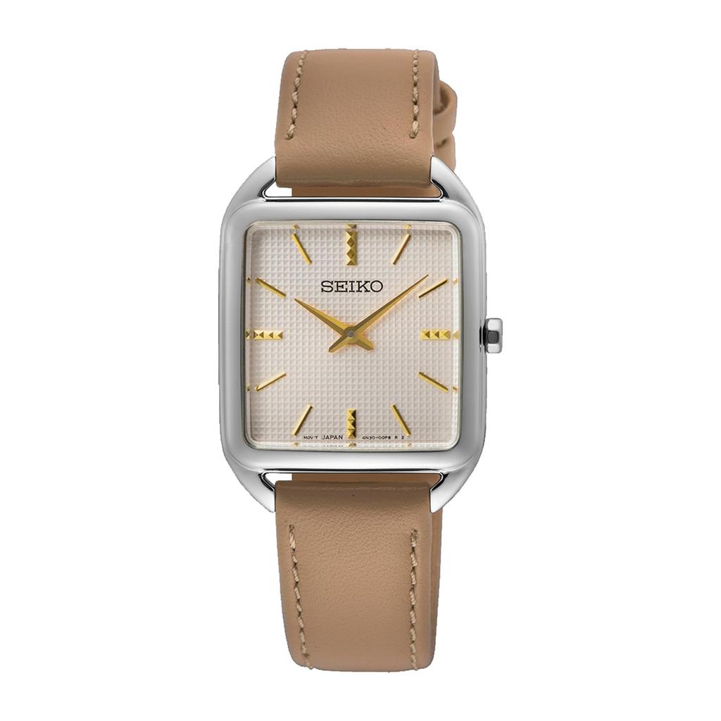SEIKO quartz wristwatch women square design SWR089P1 silver beige leather band