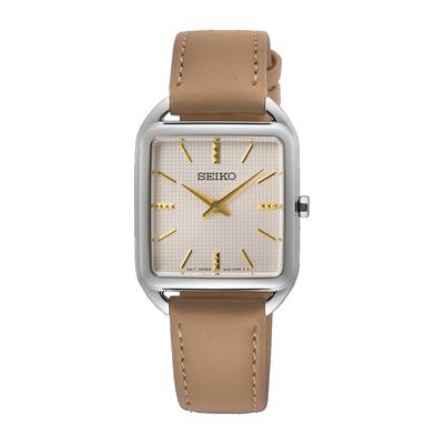 Quartz Watch, Square Case Beige Leather Band Model SWR089P1, Silver, Women's Elegant Dress Style