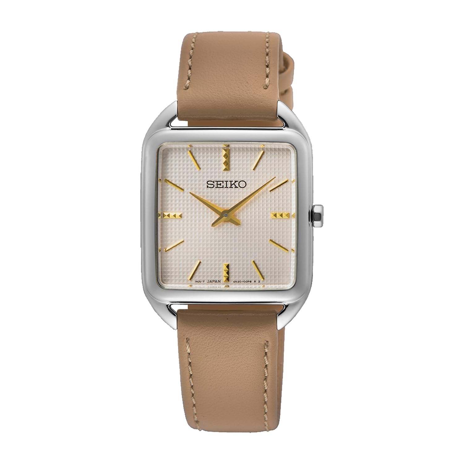 Seiko Quartz Women s Square Design Wristwatch SWR089P1 Silver Beige Leather Band