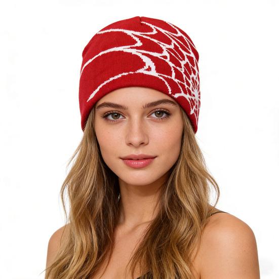 Unisex Knitting Hat Spider Web Pattern Jacquard Design Stretchy Fit Soft Hat Hiking Traveling Outdoors Warm Winter Hat