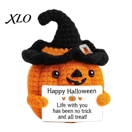 Halloween Häkelkürbis Dekor Handgemacht Positiv mit Hexenhut, Herbst Boo Korb Füller, Gemütliche Herbst Wohnaccessoires Mini Gestrickte Plüschfigur,