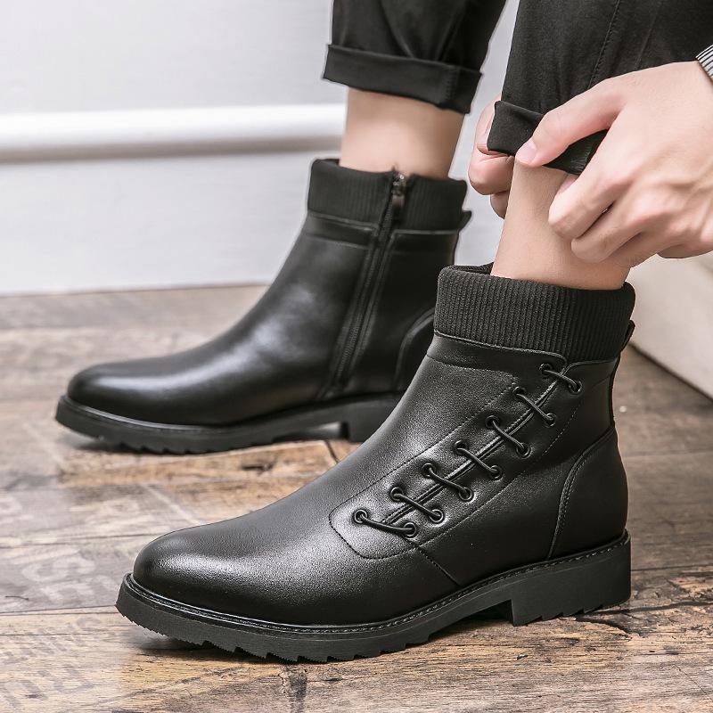 Men's Cross Martin High Top Black Leather Boots - Fashionable Round Toe Business Casual Footwear for 2025.