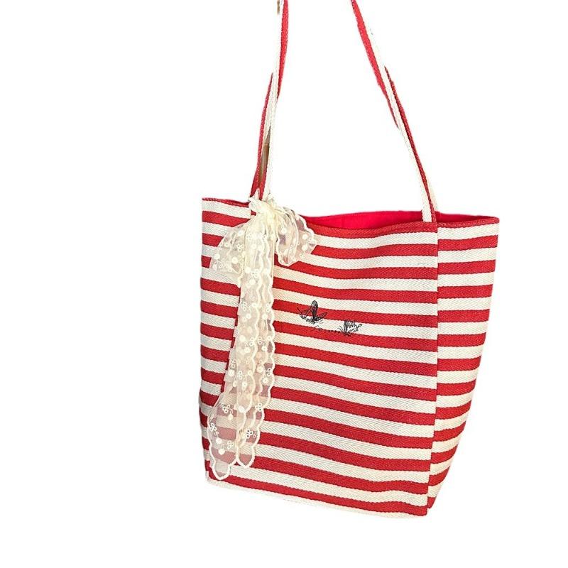 11 striped simple double-sided canvas bag, summer new large-capacity student shopping shoulder bag