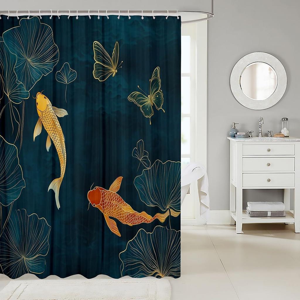 Koi Fish Shower Curtain Japanese Style Bath Curtain Boys Girls Ocean Marine Lotus Leaf Bathroom Shower Curtain Set Waterproof