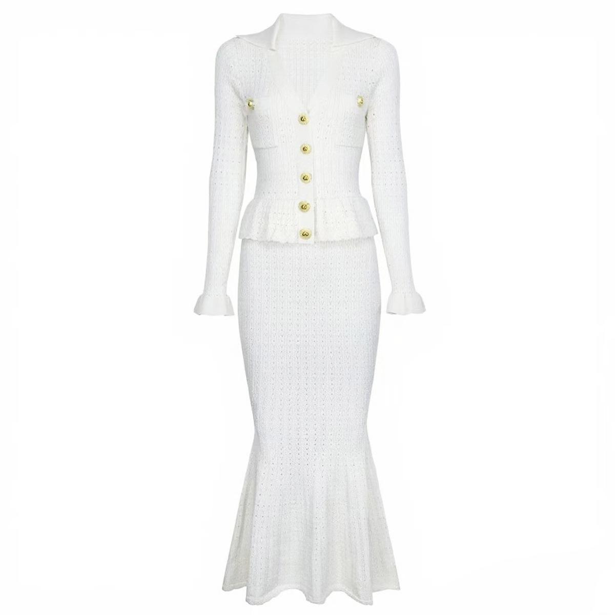 High-quality in-stock European and American spring-autumn new fashionable knit collar slim slim long-sleeve long dress 25127 S