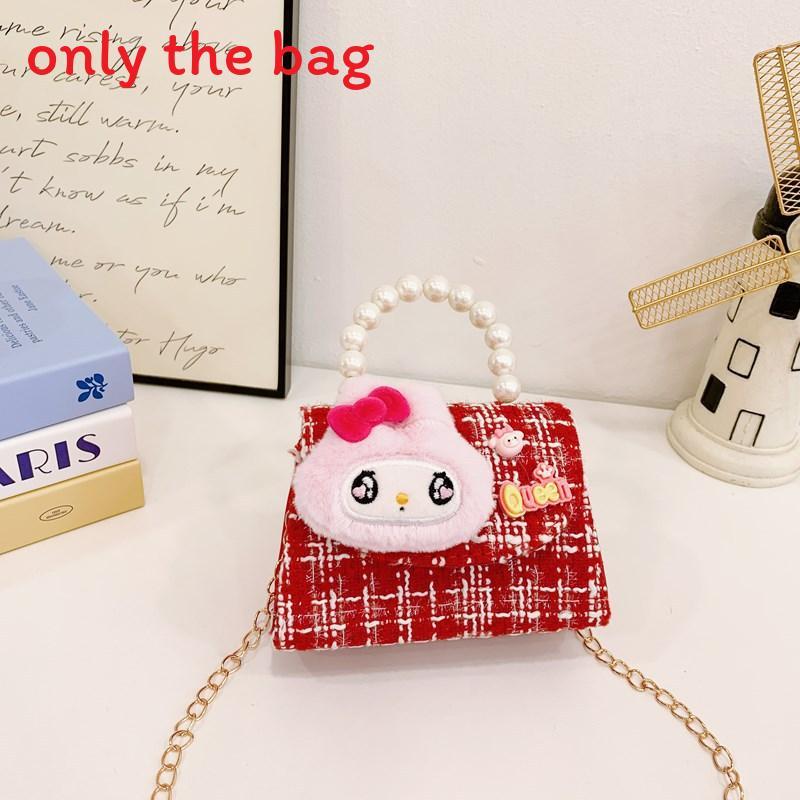Melody Hello Kitty Puppen Dekor Schulter Crossbody Tasche Künstliche Perlenhenkel für den täglichen Gebrauch