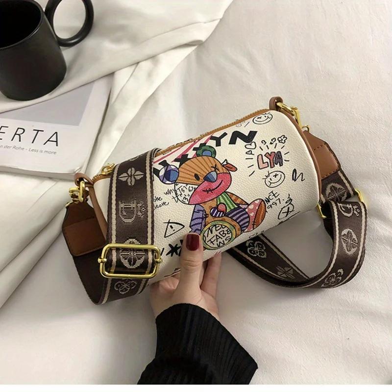 

Сумка-бочонок в стиле граффити, милый мультяшный цилиндрический кошелек, маленькая женская сумка через плечо