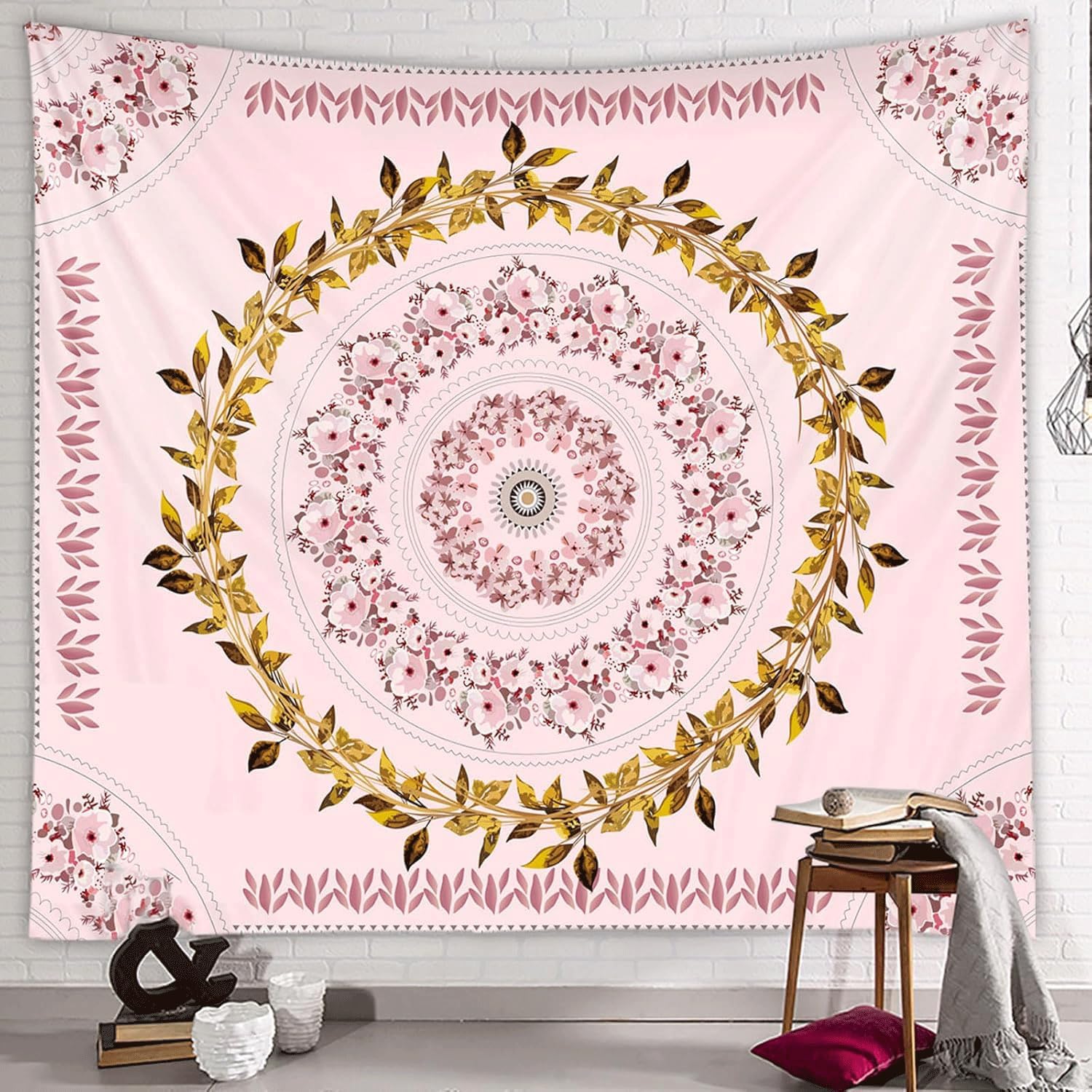 Floral Bohemian Tapestry for Bedroom & Living Room - Pink Mandala Wall Hanging - 38x28 inch
