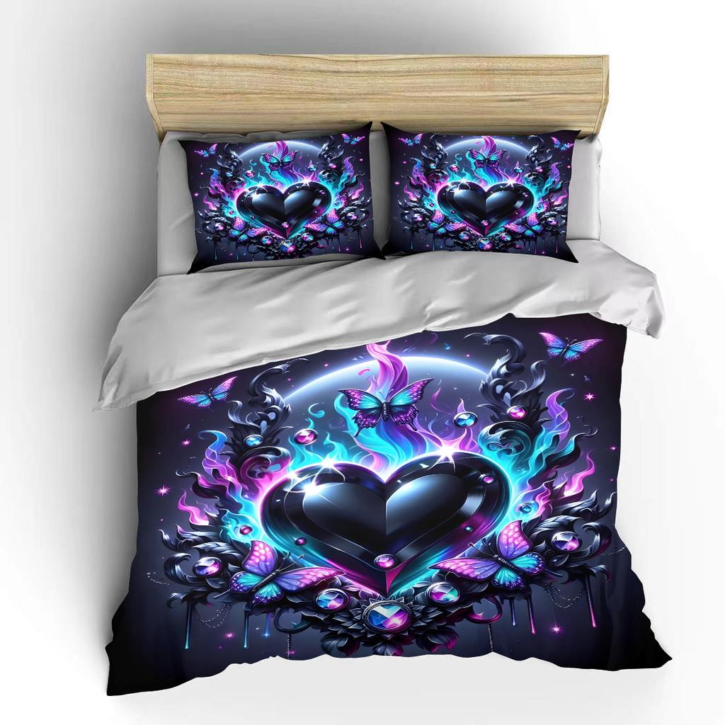 Colorful Heart and Butterfly Flames Print Bedding Set 1 Duvet Cover 2 Pillowcases for Adult and Children Luxury Gift Full Size