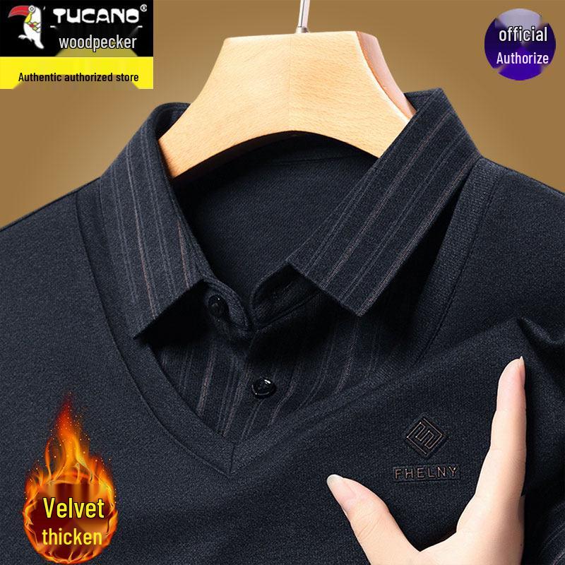 Men's Woodpecker Two-Piece Sweater Shirt, Plus Velvet, Thick Knitwear for Autumn/Winter.