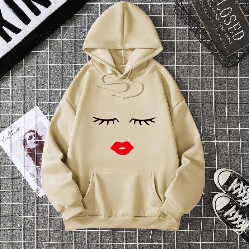 2025 Pretty Cute Eye Lashes Red Lips Print Women Hoodie Summer Casual Short Sleeve O Neck t-shirt Ladies White Hooded Sweatshirt