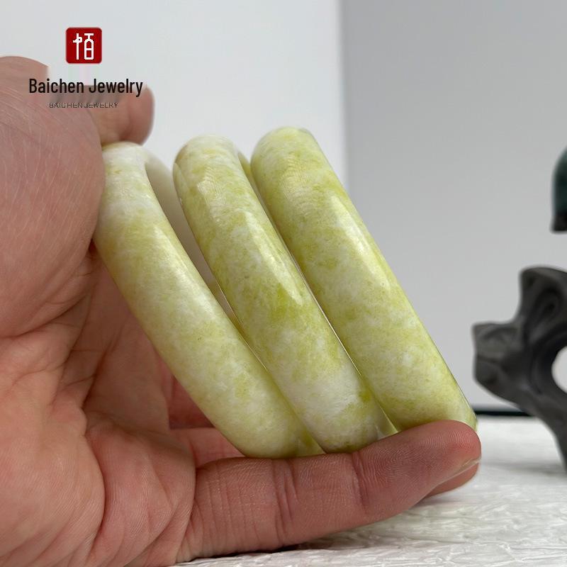 Lantian Jade Flat Bar Bangle for Women – Cauliflower Jade Floating Flower Design, Ideal for Live Streams and Sales Meetings