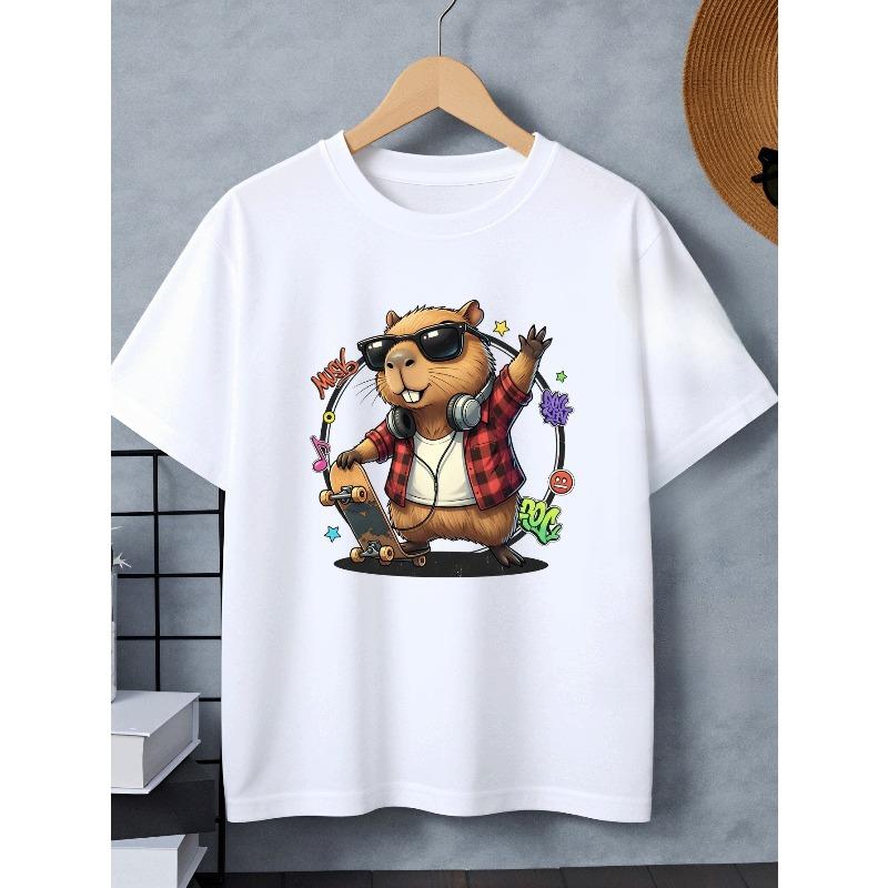 Boys Crewneck T-Shirt, Cool Skateboard Music Capybara Graphic Soft Breathable Short Sleeve Top