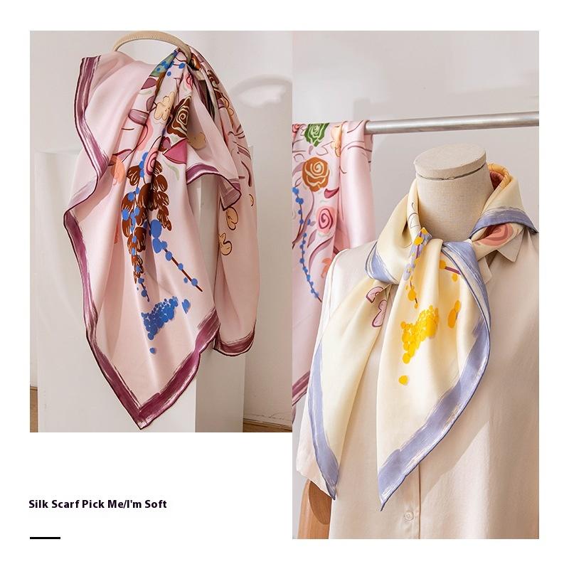 100% Mulberry Silk  Women's Double-sided Printed Small Scarf Silk Plain Crepe Satin Square Scarf High Sense