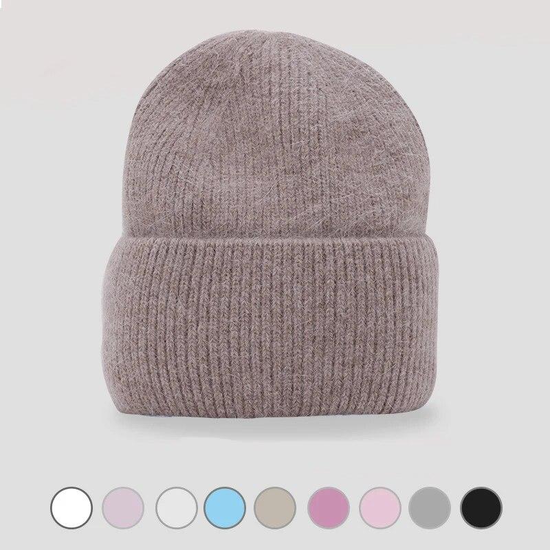 Winter Real Rabbit Fur Knitted Beanies For Women Fashion Solid Warm Cashmere Wool Skullies Beanies Female Fold Thick Hats