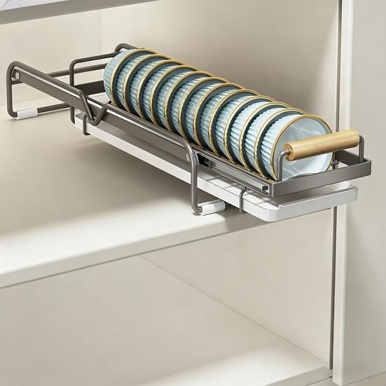 Dish Storage Rack Drawer Type Carbon Steel Frame Wooden Handle Organizer Rational Use of Space Drying Rack for Kitchen