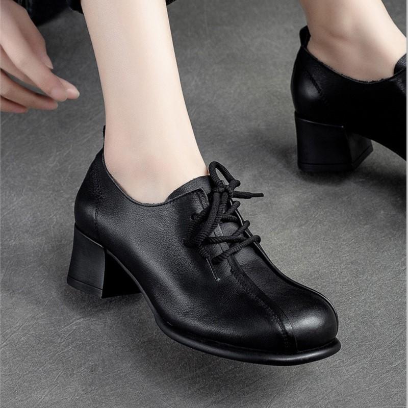 Johnature Retro Women Shoes Med Heels Solid Color Pumps Genuine Leather Round Toe Handmade Lace-up Shoes