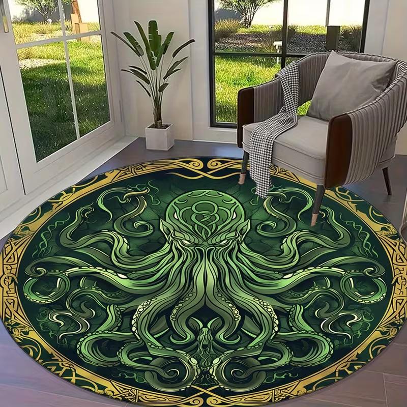 

Octopus Head Round Area Rug Green Tentacle Monster Carpet Fantasy Horror Decor Non Slip Floor Mat for Living Room Bedroom Gift 80cm x 80cm