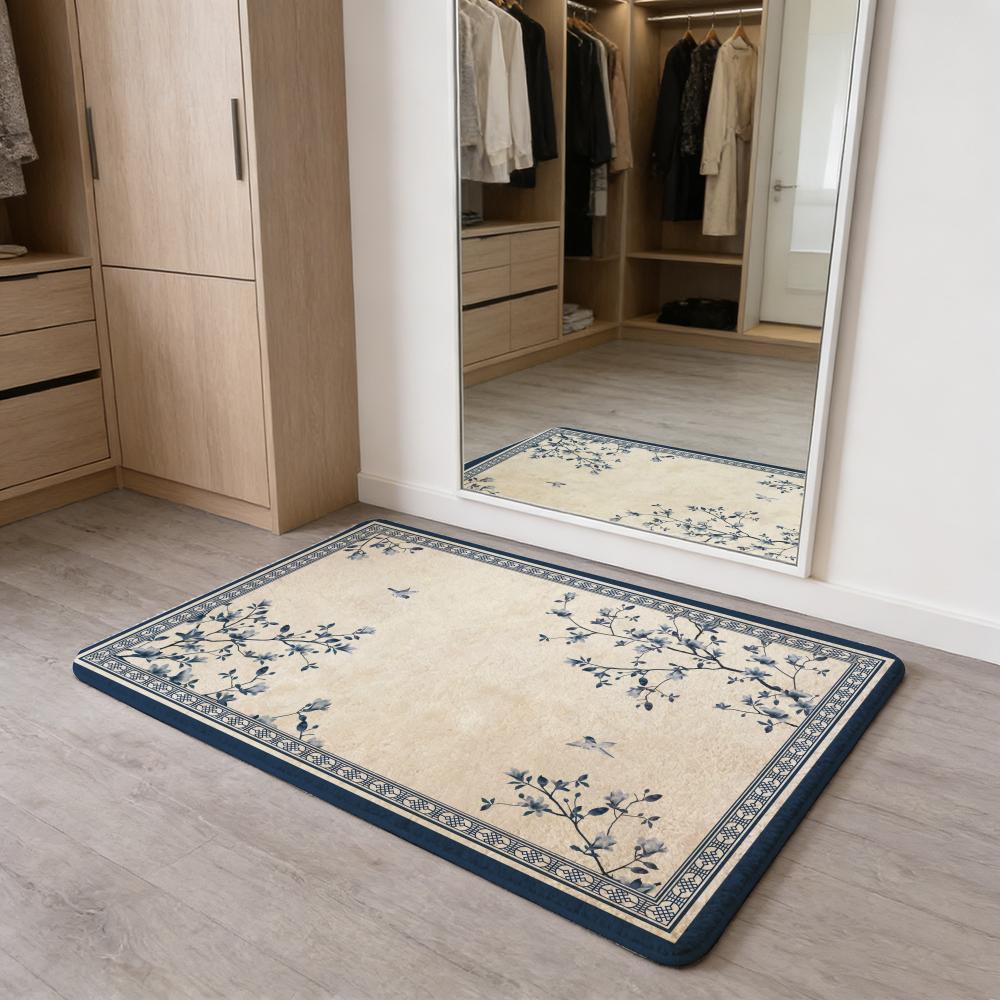 Blue and White Porcelain Floor Mat Flannel Door Mat Non-Slip Absorbent Washable Indoor Home Rug