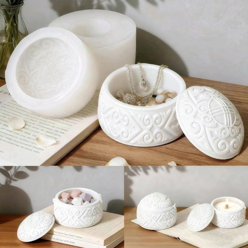 Embossed Resin Jar Molds Candle Cup Silicone Mould with Lid for Making Candle Container Chocolate Holiday Decoration