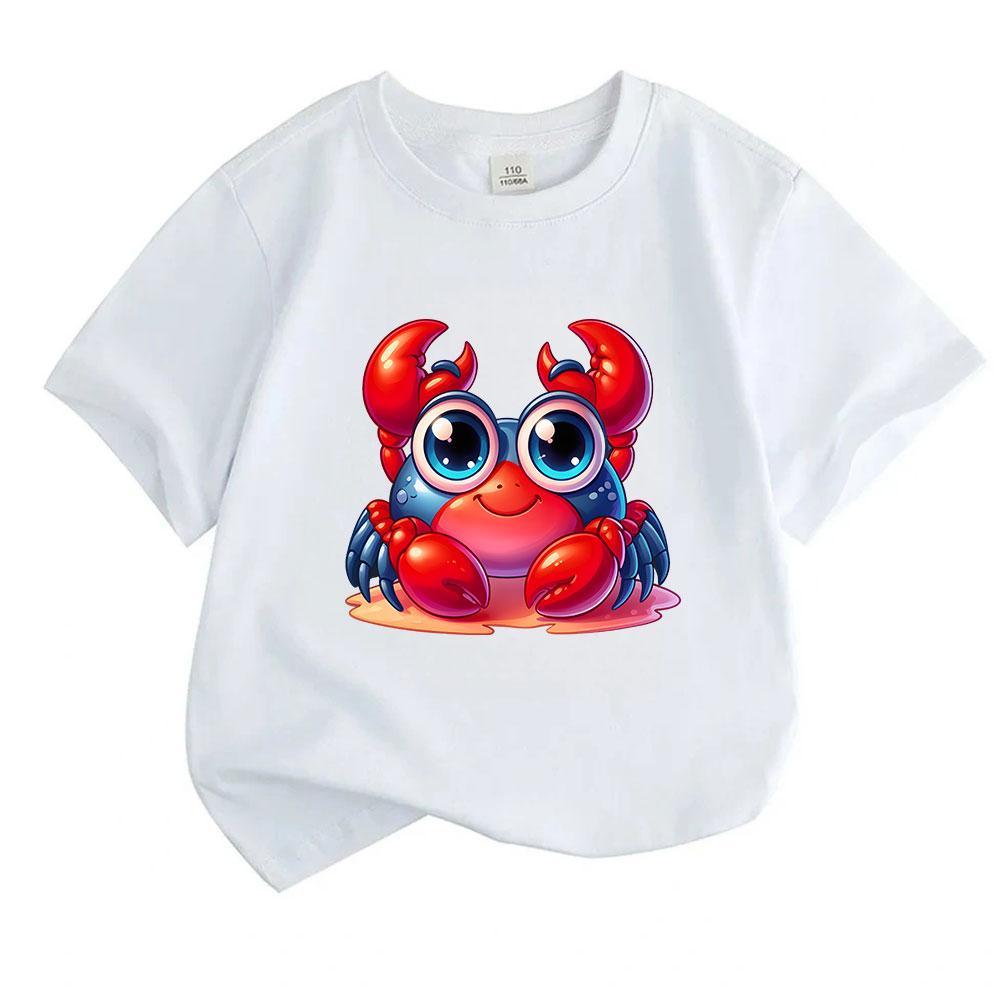 Kids Boys Girls 100% Cotton Crew Neck Short Sleeve T-Shirt, Cute Cartoon Glare-eyed Red Crab Print Casual Soft Breathable Summer Tee for Children Dail