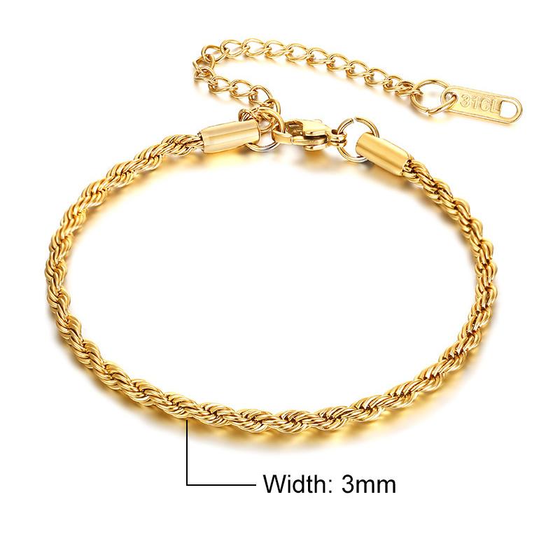 Vnox 2/3/4/5mm Twisted Chain Bracelets for Women Men, Gold Color Stainless Steel Link Chain, Adjustable Minimalist Metal Jewelry
