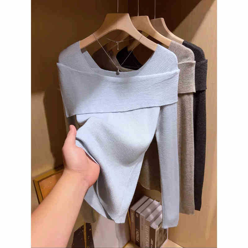 One-word shoulder long-sleeved knitted bottoming shirt for women's early autumn inner wear atmosphere sweater, thin waist top